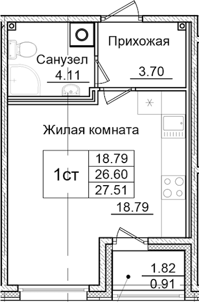 Квартира студия 27.51 м², 2/9 эт., ЖК «Квартал Заречье»